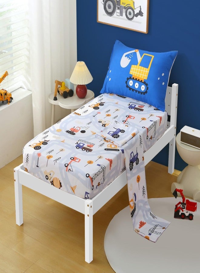 JQWUPUP Blue Cartoon Car Construction Toddler Bedding Set for Boys, 4 Piece Reversible Truck Lightweight Toddler Comforter with Bed Sheet Set - Image 5